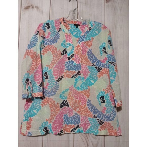 Talbots Shirt Ladies Large Petite Turquoise Tropical VNeck Light Weight - Picture 1 of 8